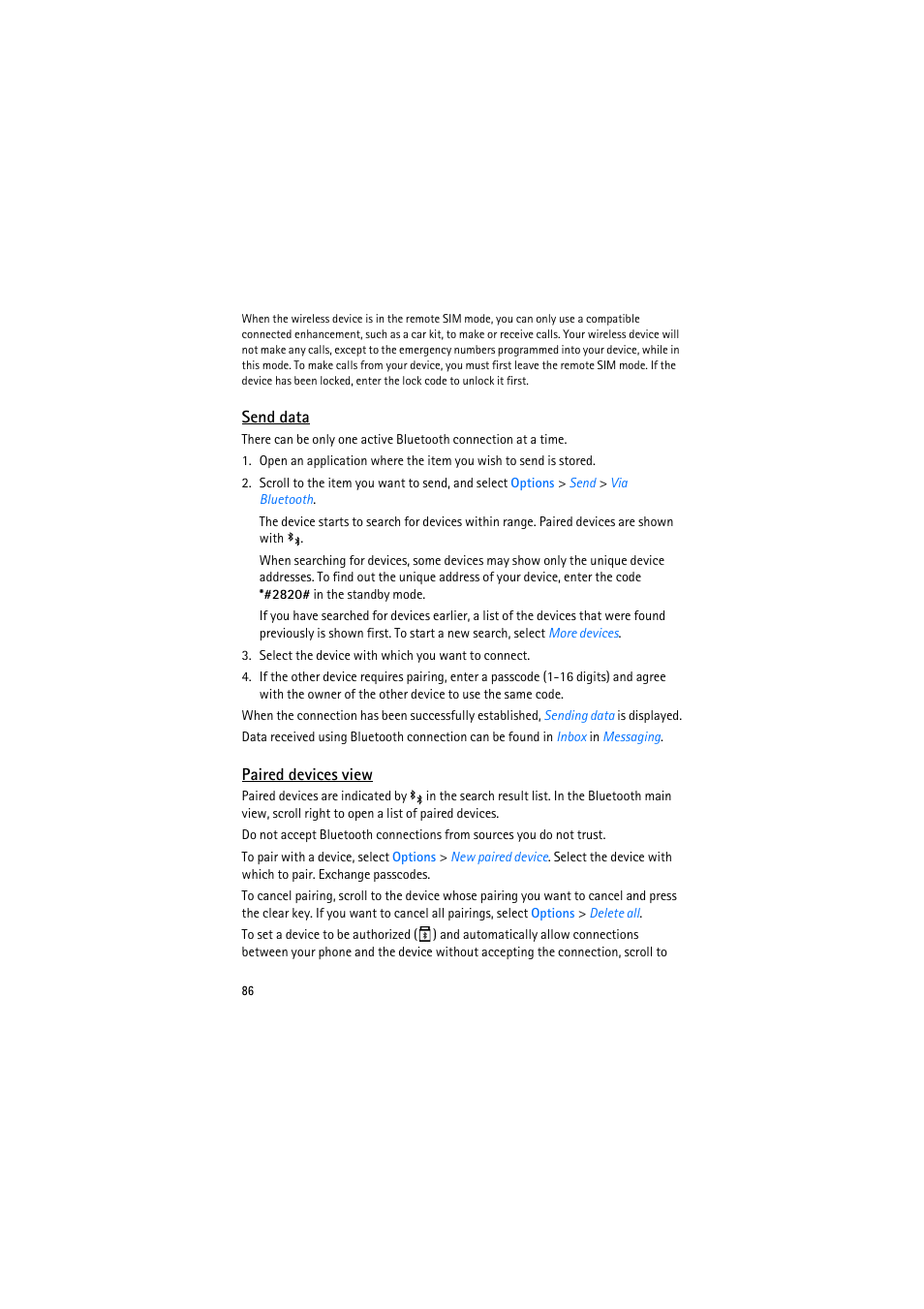 Send data, Paired devices view | Nokia 6110 Navigator User Manual | Page 86 / 109