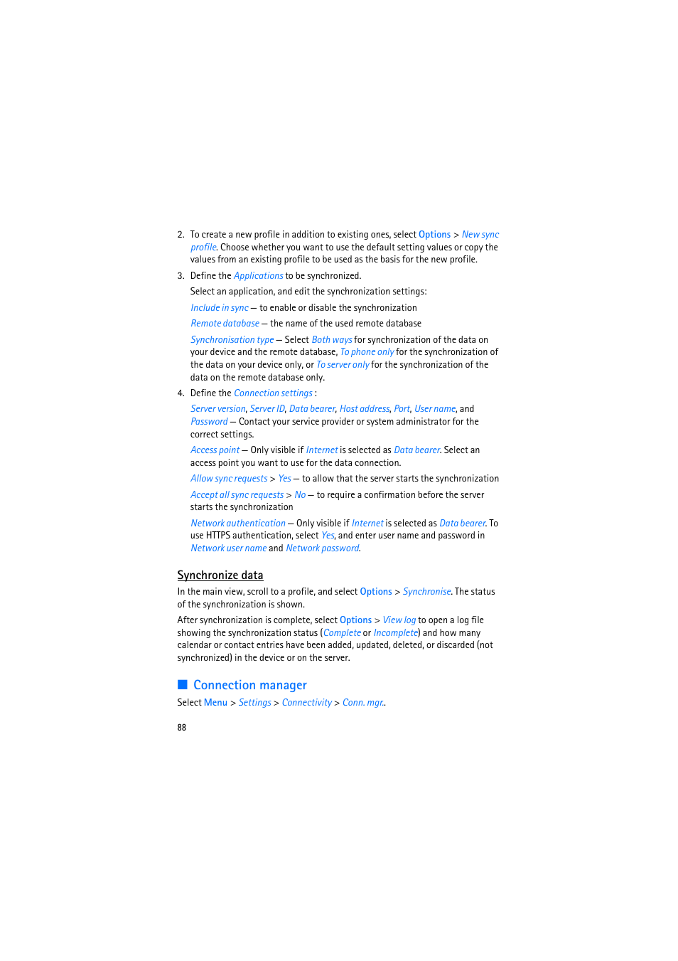 Synchronize data, Connection manager | Nokia 6110 Navigator User Manual | Page 88 / 109