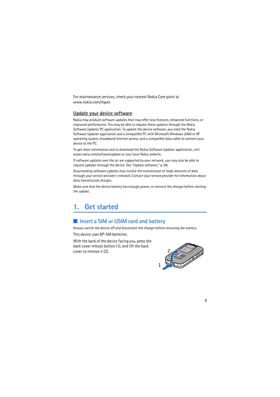 Update your device software, Get started, Insert a sim or usim card and battery | Nokia 6110 Navigator User Manual | Page 9 / 109