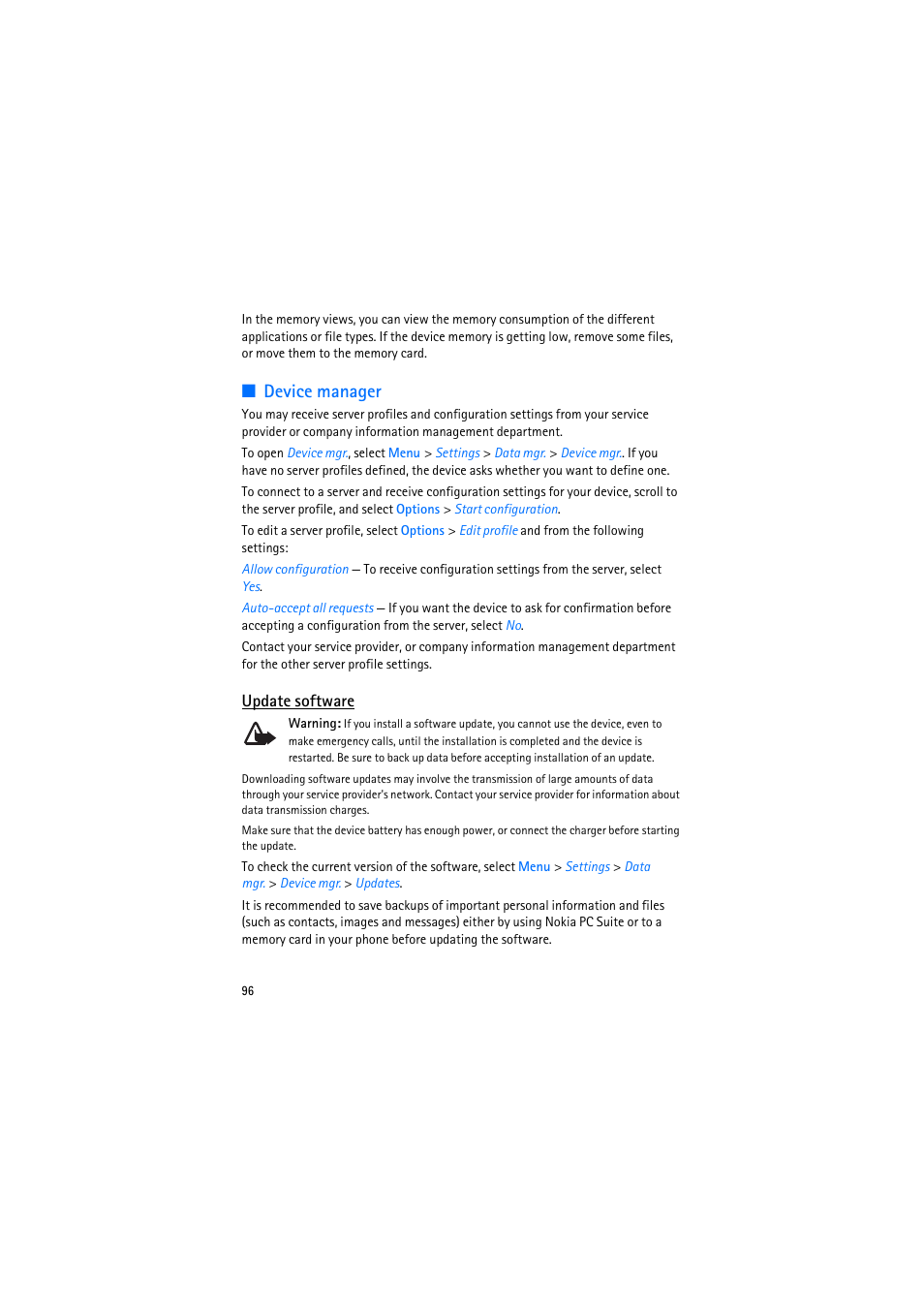 Device manager, Update software | Nokia 6110 Navigator User Manual | Page 96 / 109