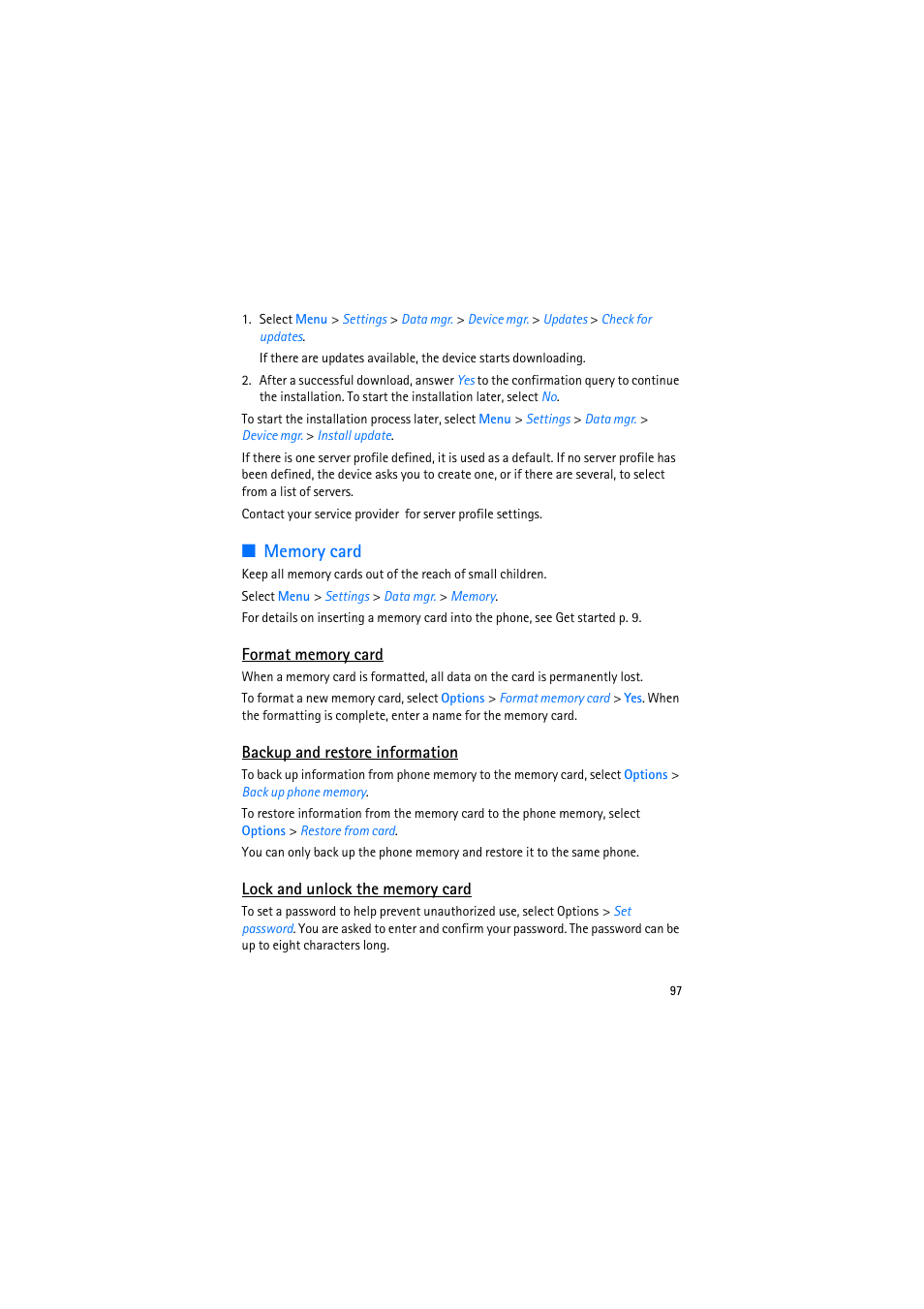Memory card, Format memory card, Backup and restore information | Lock and unlock the memory card | Nokia 6110 Navigator User Manual | Page 97 / 109
