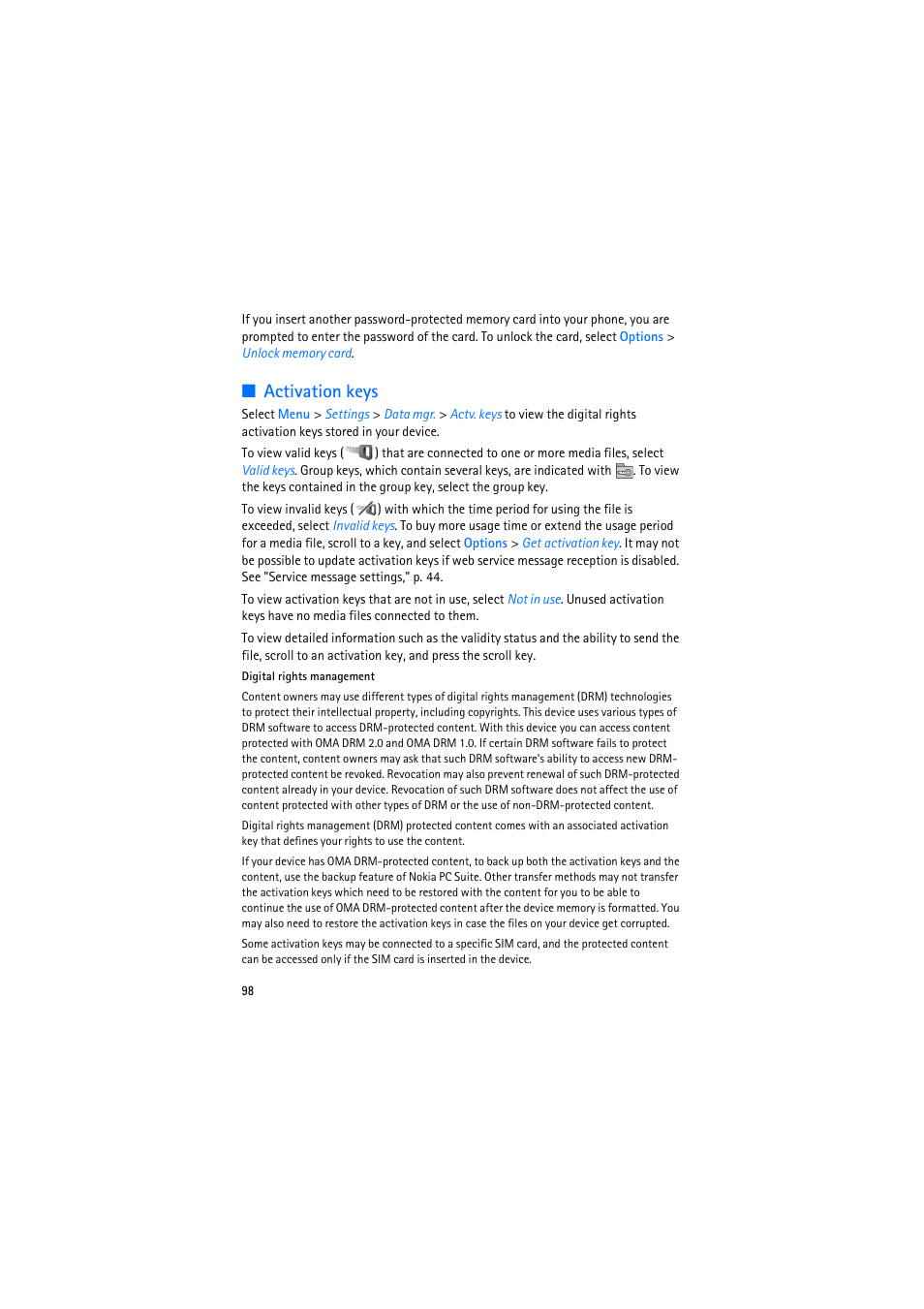 Activation keys | Nokia 6110 Navigator User Manual | Page 98 / 109