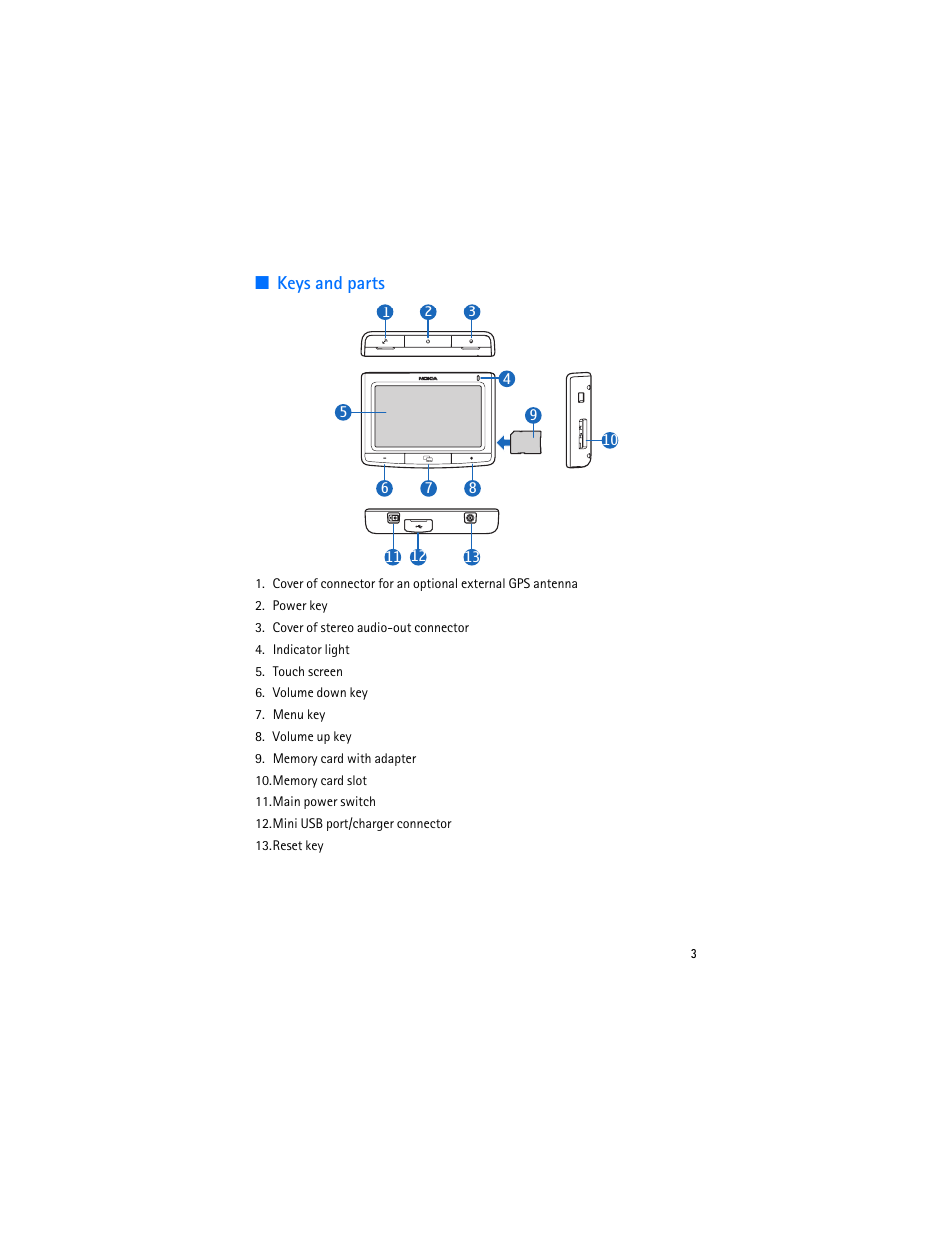 Keys and parts | Nokia 500 Auto Navigation User Manual | Page 3 / 10