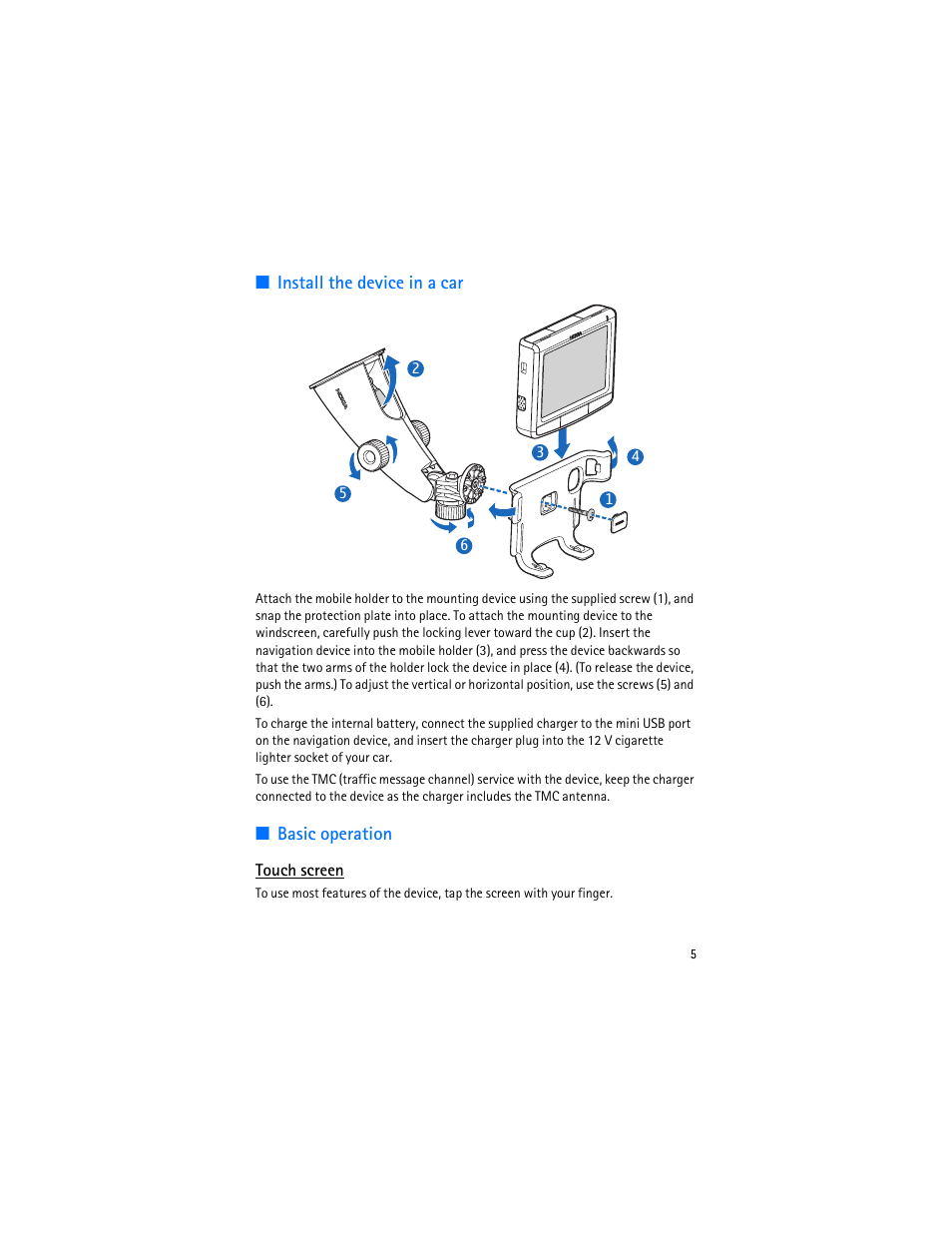 Install the device in a car, Basic operation, Touch screen | Nokia 500 Auto Navigation User Manual | Page 5 / 10