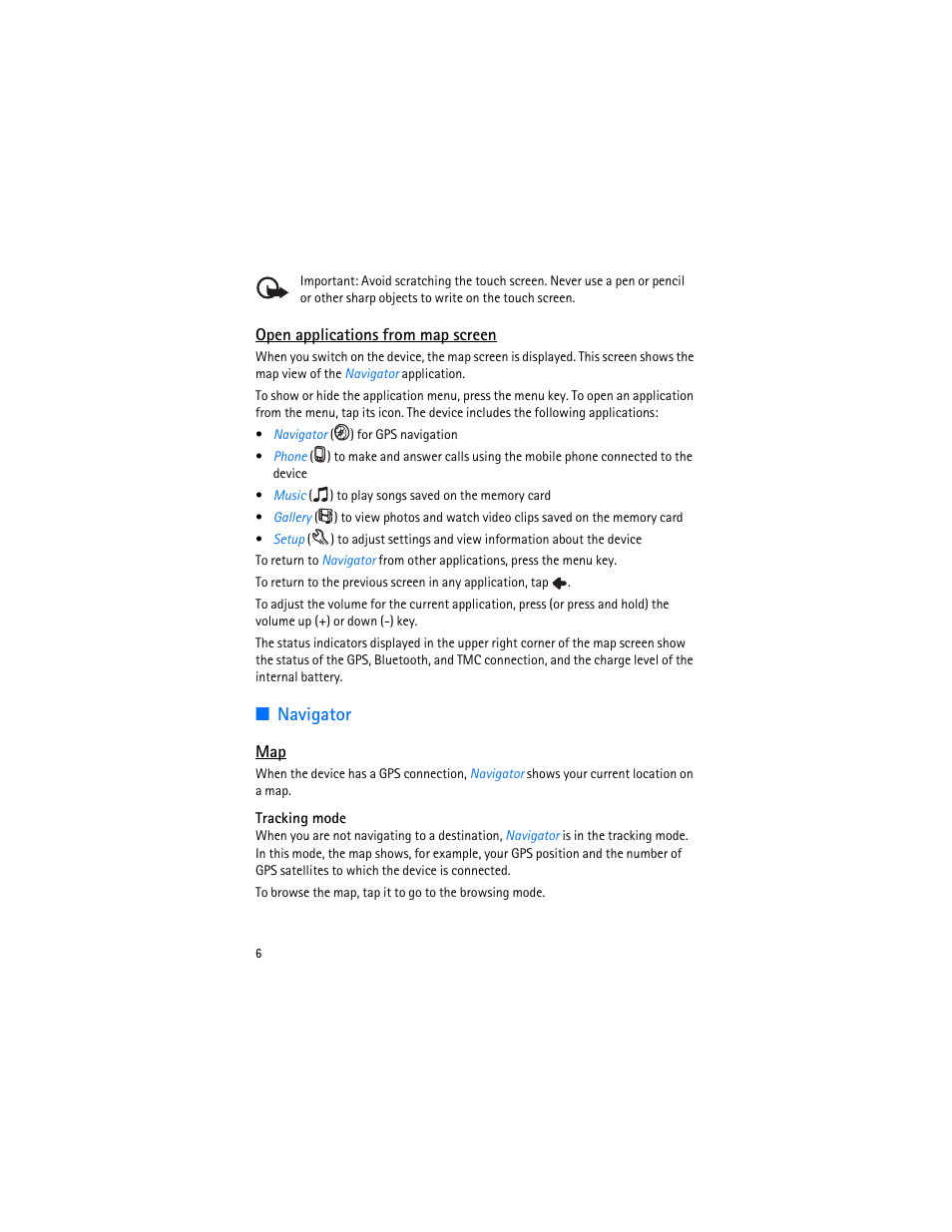 Open applications from map screen, Navigator | Nokia 500 Auto Navigation User Manual | Page 6 / 10