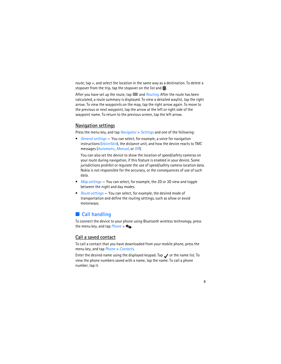 Navigation settings, Call handling, Call a saved contact | Nokia 500 Auto Navigation User Manual | Page 9 / 10