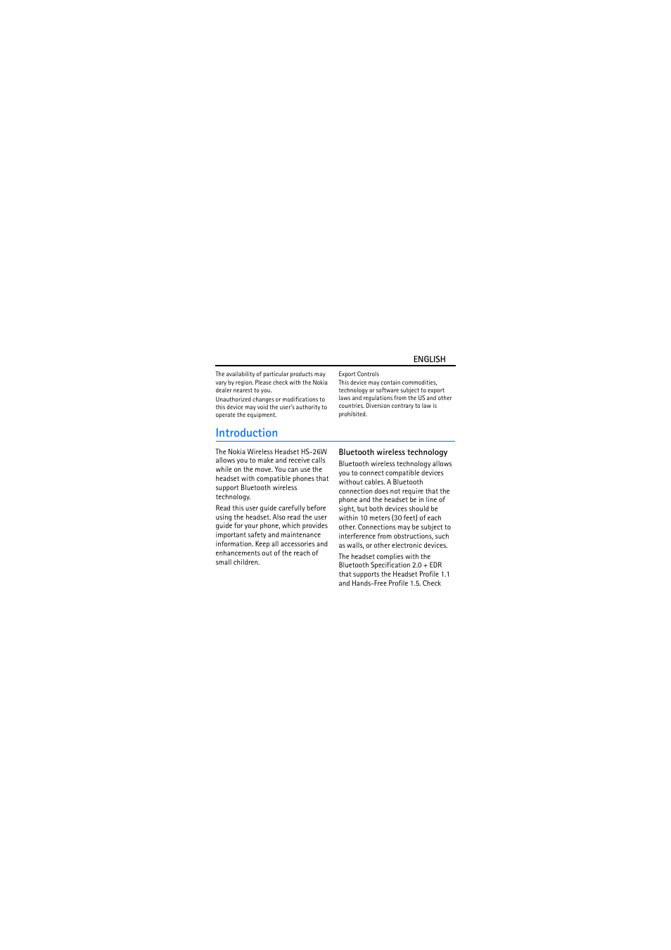 Introduction, Bluetooth wireless technology | Nokia Wireless Headset HS-26W User Manual | Page 3 / 9