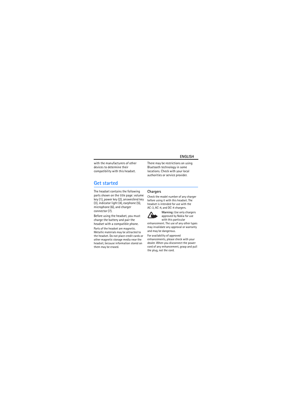 Get started, Chargers | Nokia Wireless Headset HS-26W User Manual | Page 4 / 9