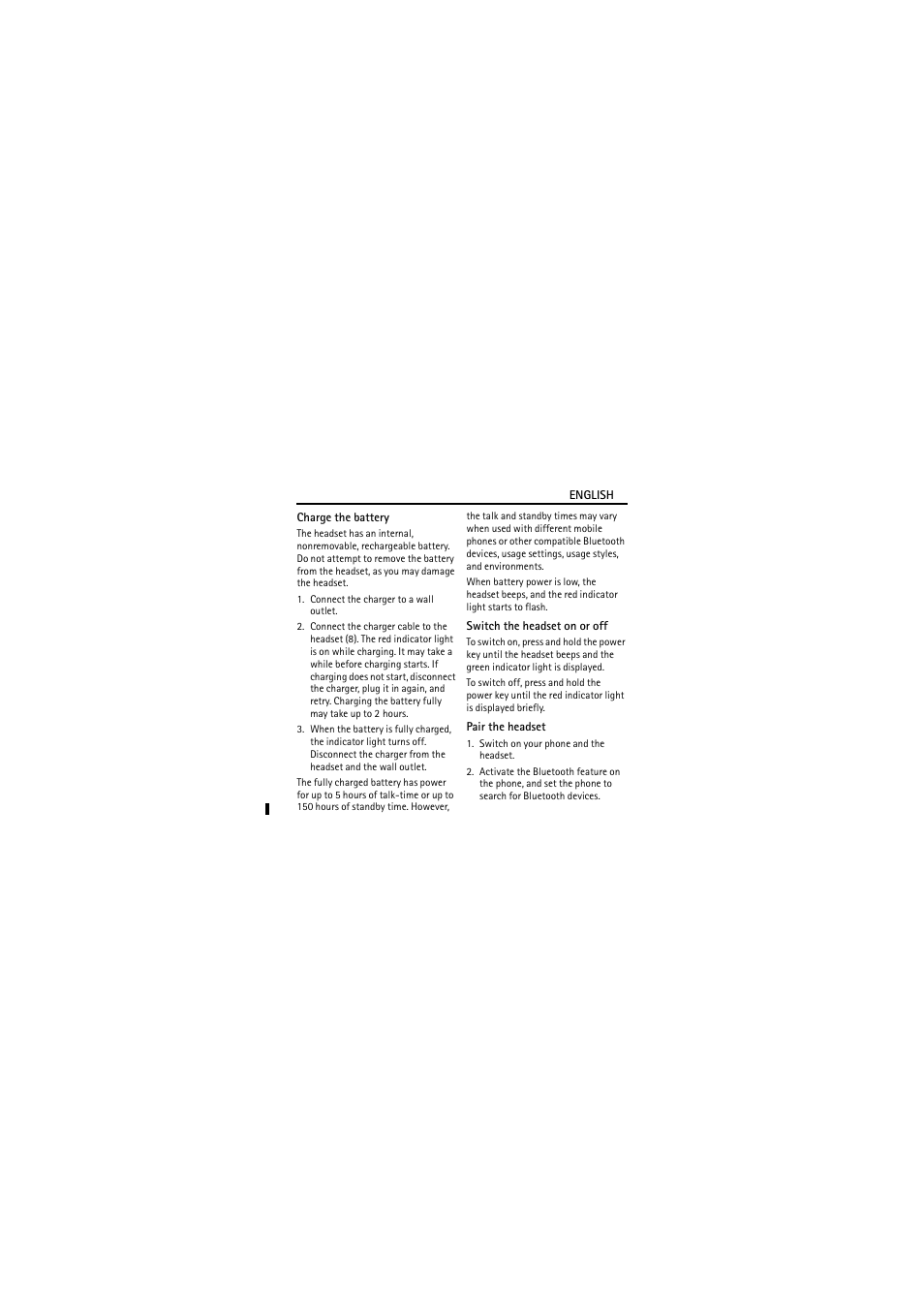 Charge the battery, Switch the headset on or off, Pair the headset | Nokia Wireless Headset HS-26W User Manual | Page 5 / 9