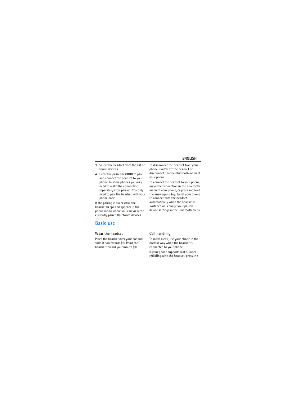 Basic use, Wear the headset, Call handling | Nokia Wireless Headset HS-26W User Manual | Page 6 / 9