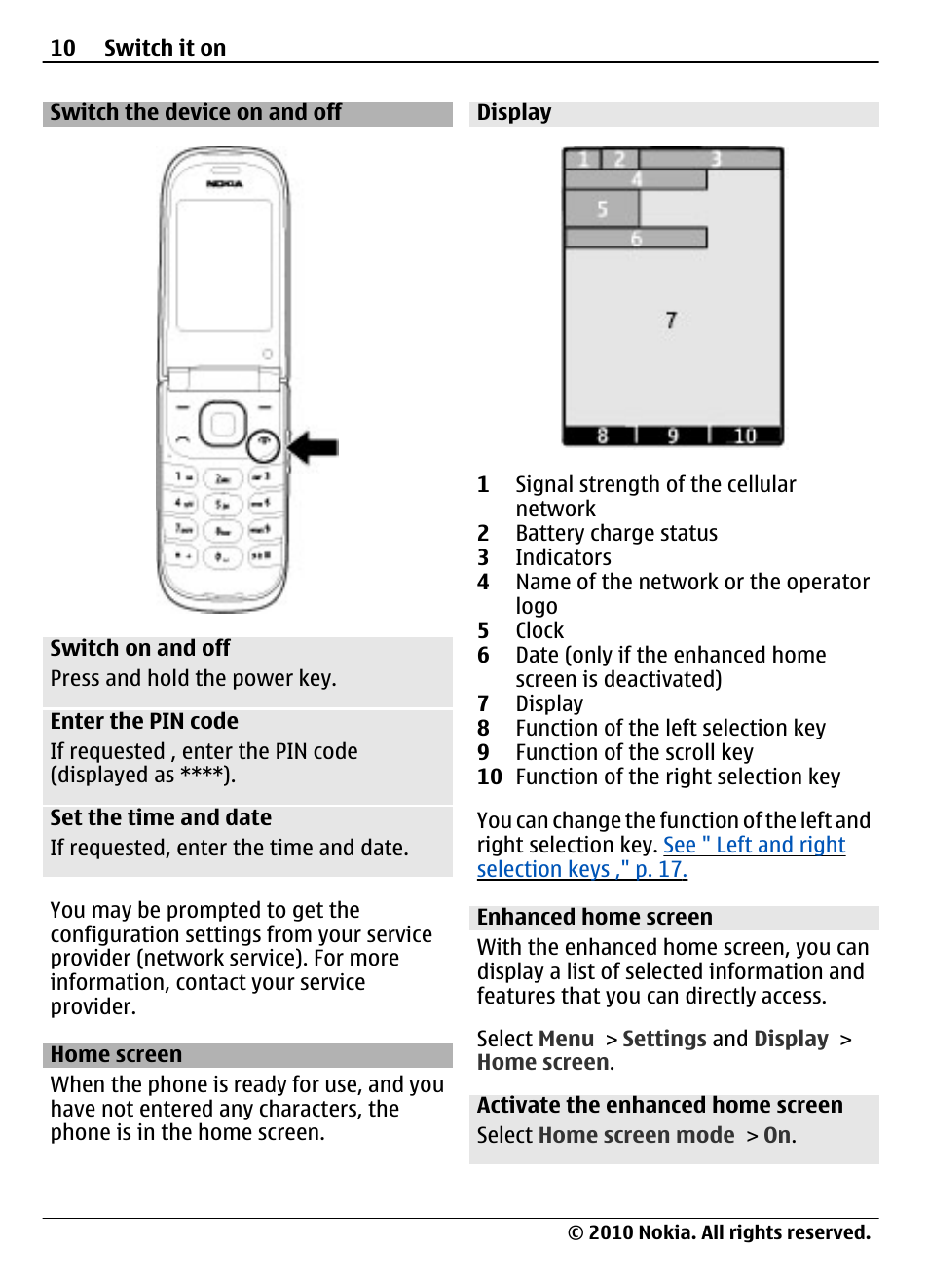 Switch the device on and off, Home screen, Display | Enhanced home screen | Nokia 3710 Fold User Manual | Page 10 / 51