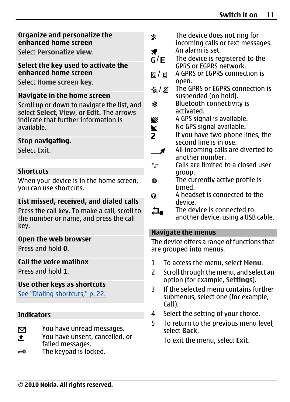 Shortcuts, Indicators, Navigate the menus | Nokia 3710 Fold User Manual | Page 11 / 51