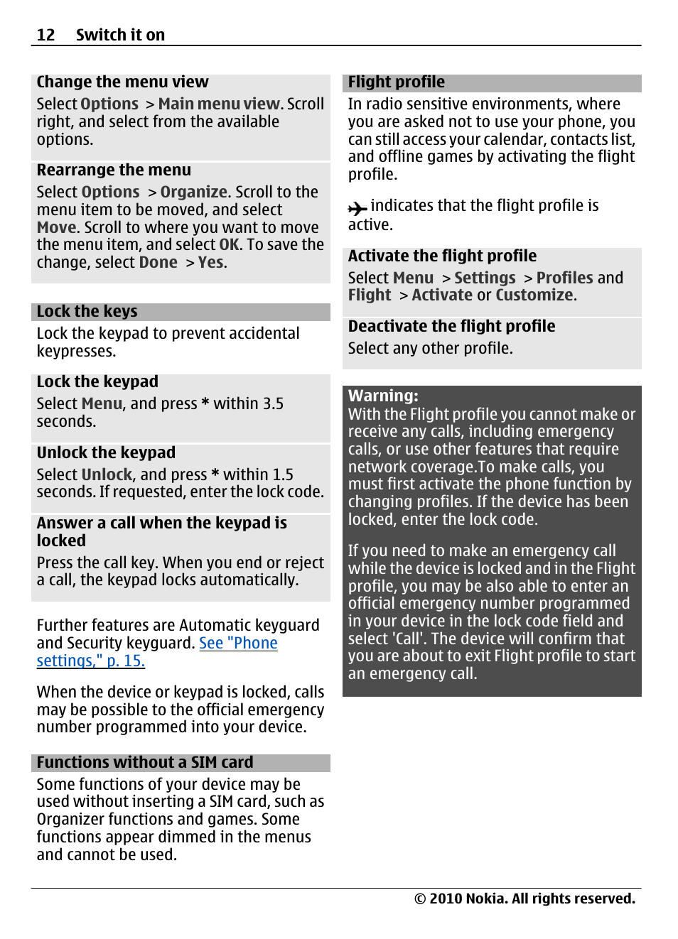 Lock the keys, Functions without a sim card, Flight profile | Nokia 3710 Fold User Manual | Page 12 / 51