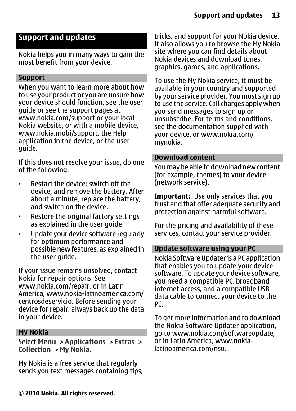 Support and updates, Support, My nokia | Download content, Update software using your pc | Nokia 3710 Fold User Manual | Page 13 / 51