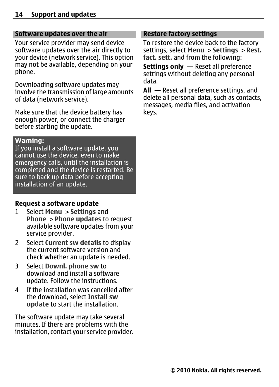 Software updates over the air, Restore factory settings | Nokia 3710 Fold User Manual | Page 14 / 51