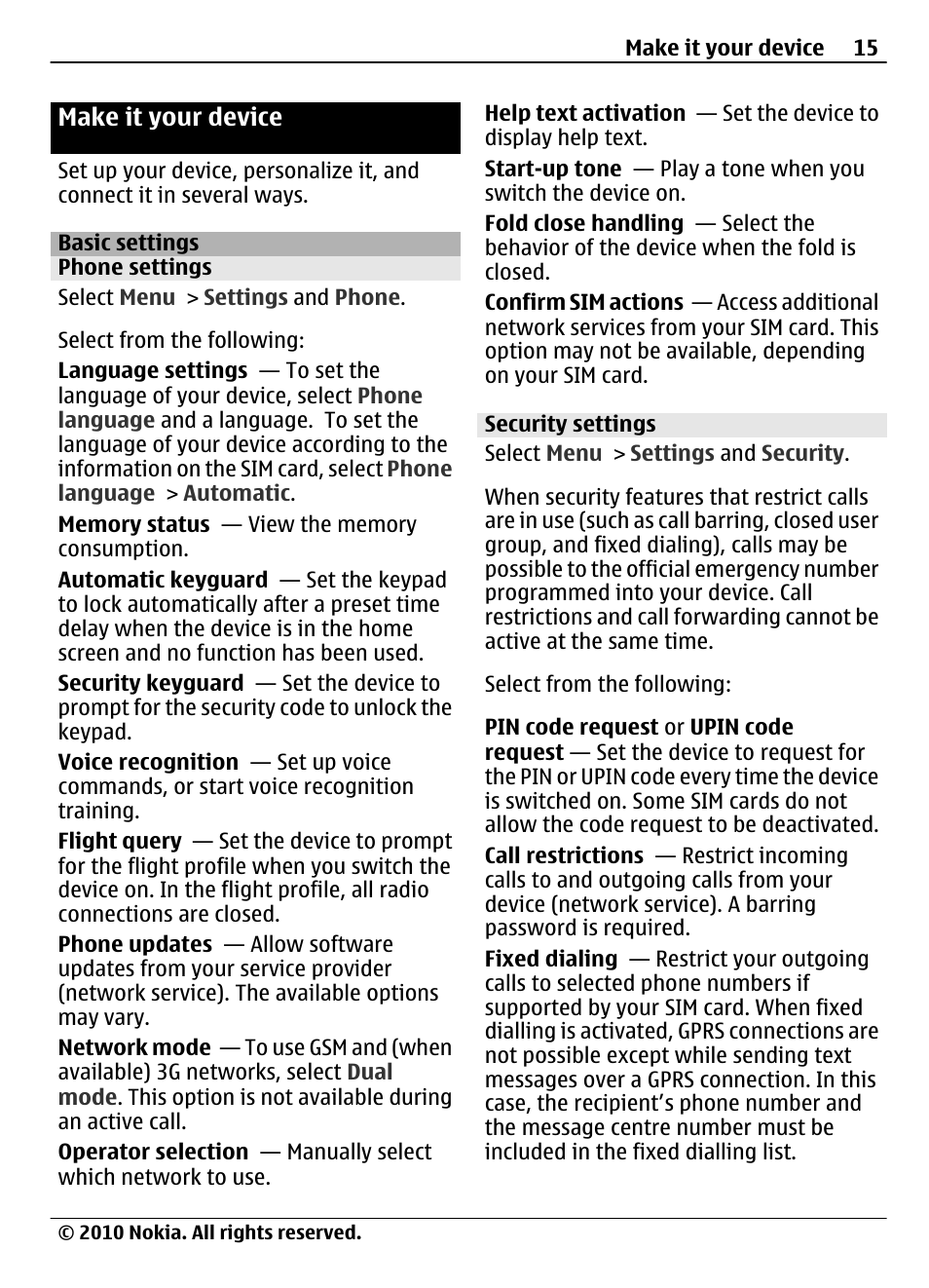 Make it your device, Basic settings, Phone settings | Security settings | Nokia 3710 Fold User Manual | Page 15 / 51