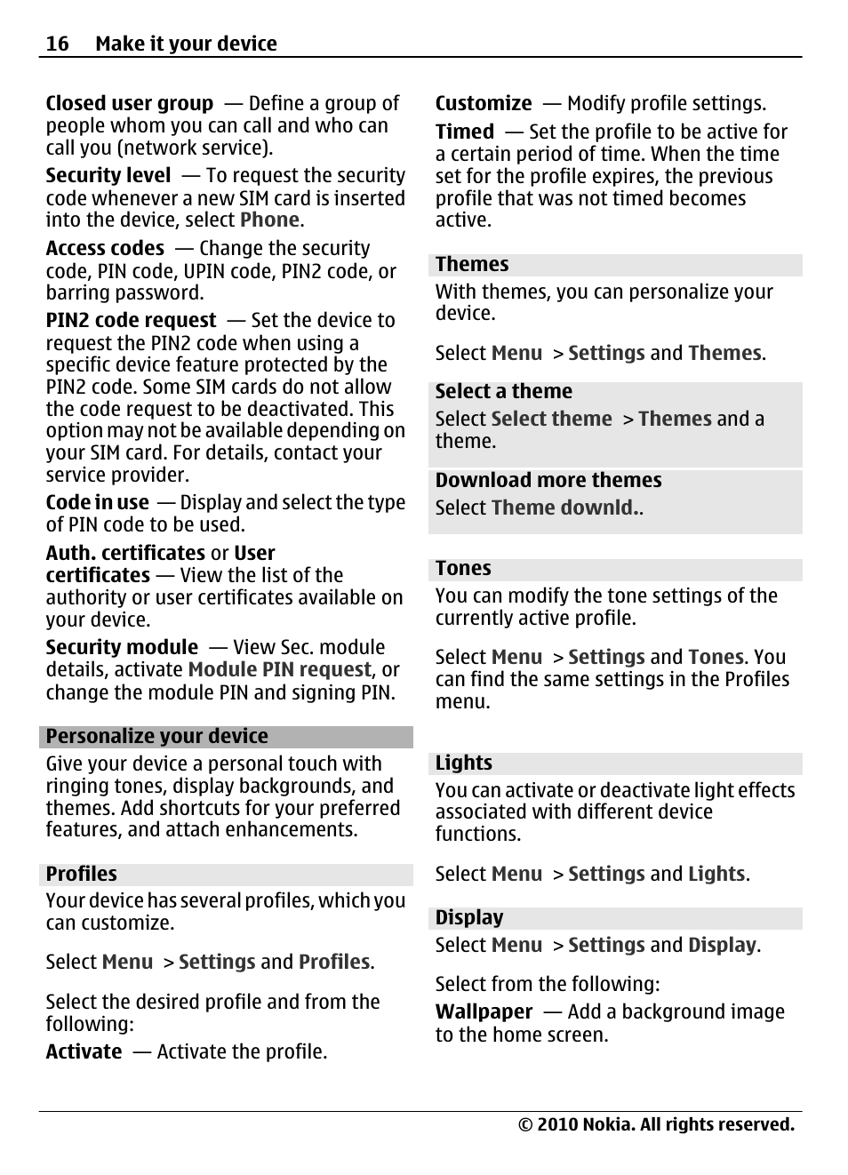 Personalize your device, Profiles, Themes | Tones, Lights, Display | Nokia 3710 Fold User Manual | Page 16 / 51