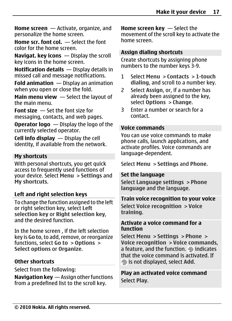 My shortcuts, Left and right selection keys, Other shortcuts | Assign dialing shortcuts, Voice commands | Nokia 3710 Fold User Manual | Page 17 / 51