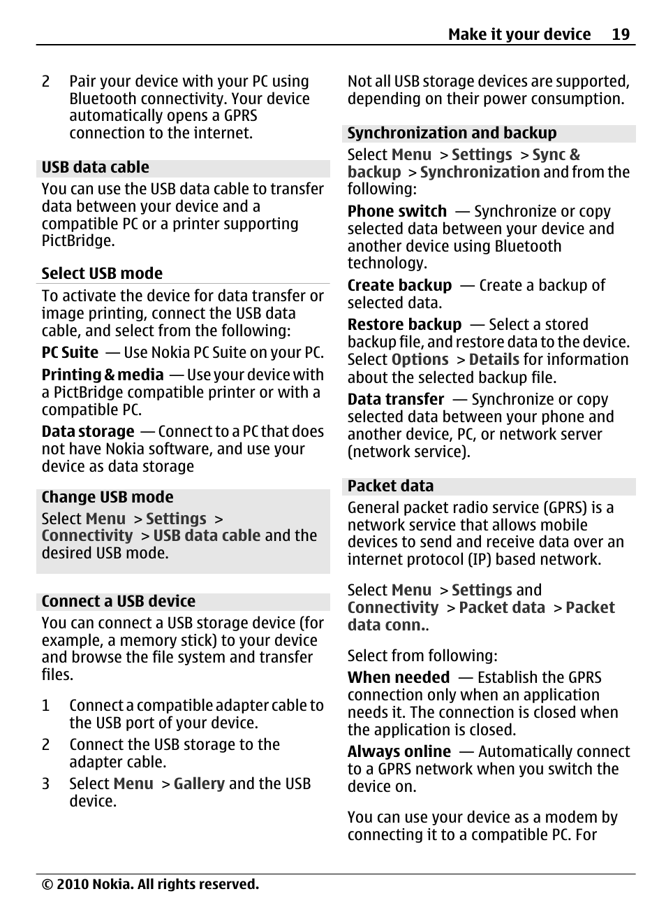 Usb data cable, Connect a usb device, Synchronization and backup | Packet data | Nokia 3710 Fold User Manual | Page 19 / 51