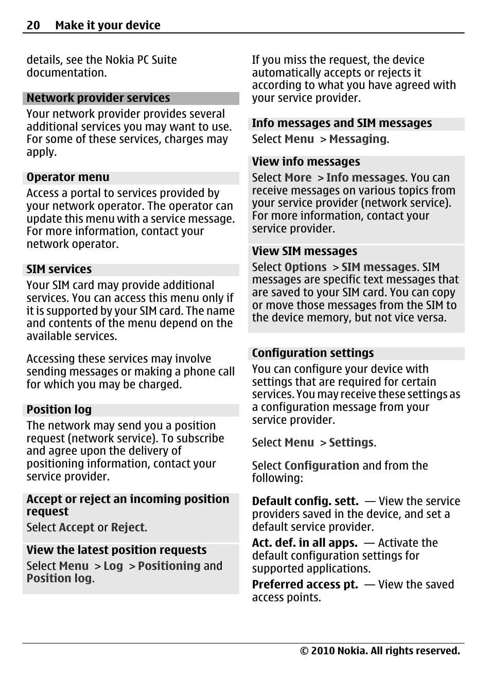 Network provider services, Operator menu, Sim services | Position log, Info messages and sim messages, Configuration settings | Nokia 3710 Fold User Manual | Page 20 / 51