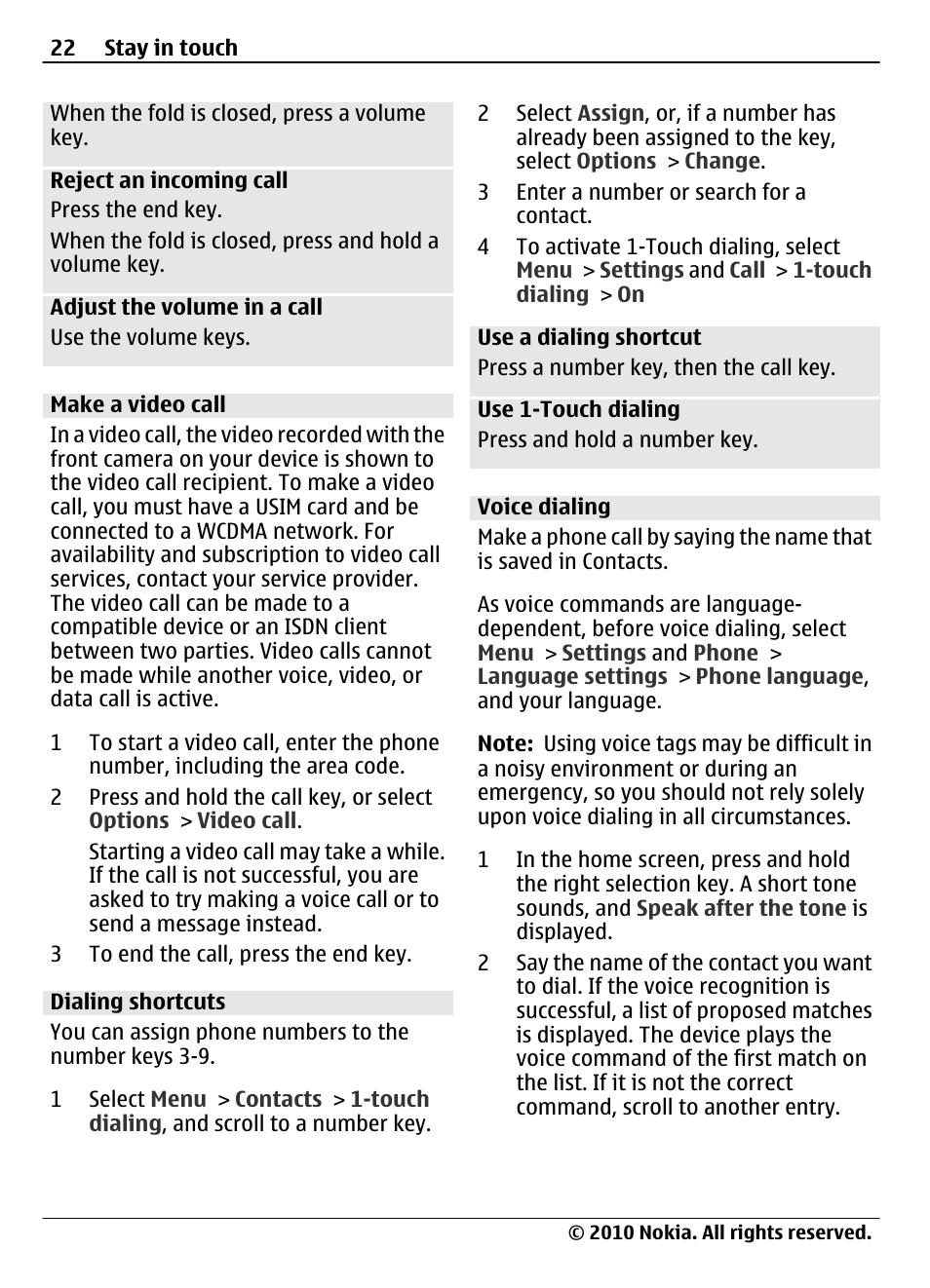 Make a video call, Dialing shortcuts, Voice dialing | Nokia 3710 Fold User Manual | Page 22 / 51