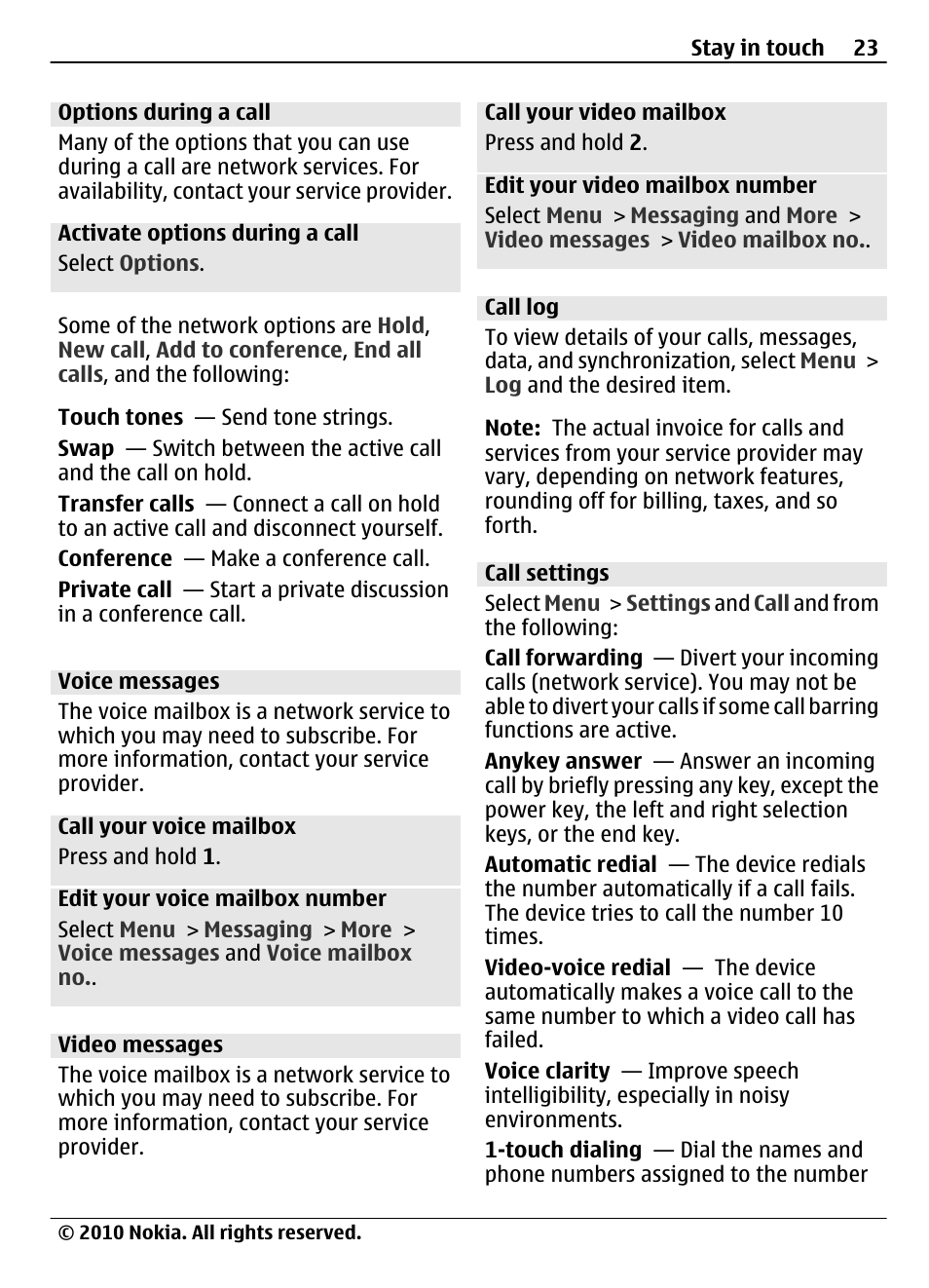 Options during a call, Voice messages, Video messages | Call log, Call settings | Nokia 3710 Fold User Manual | Page 23 / 51