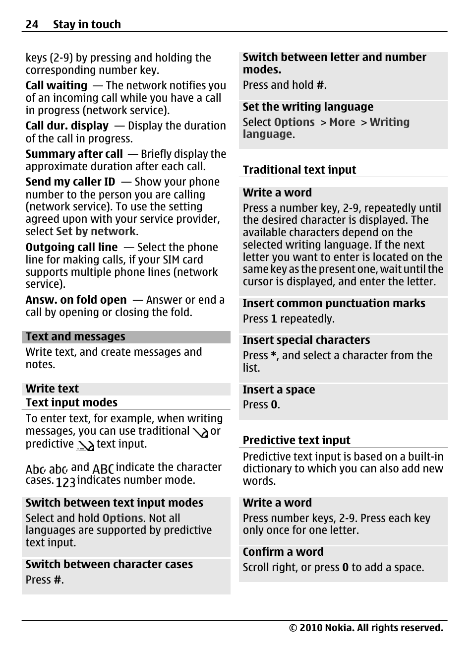 Text and messages, Write text, Text input modes | Traditional text input, Predictive text input | Nokia 3710 Fold User Manual | Page 24 / 51