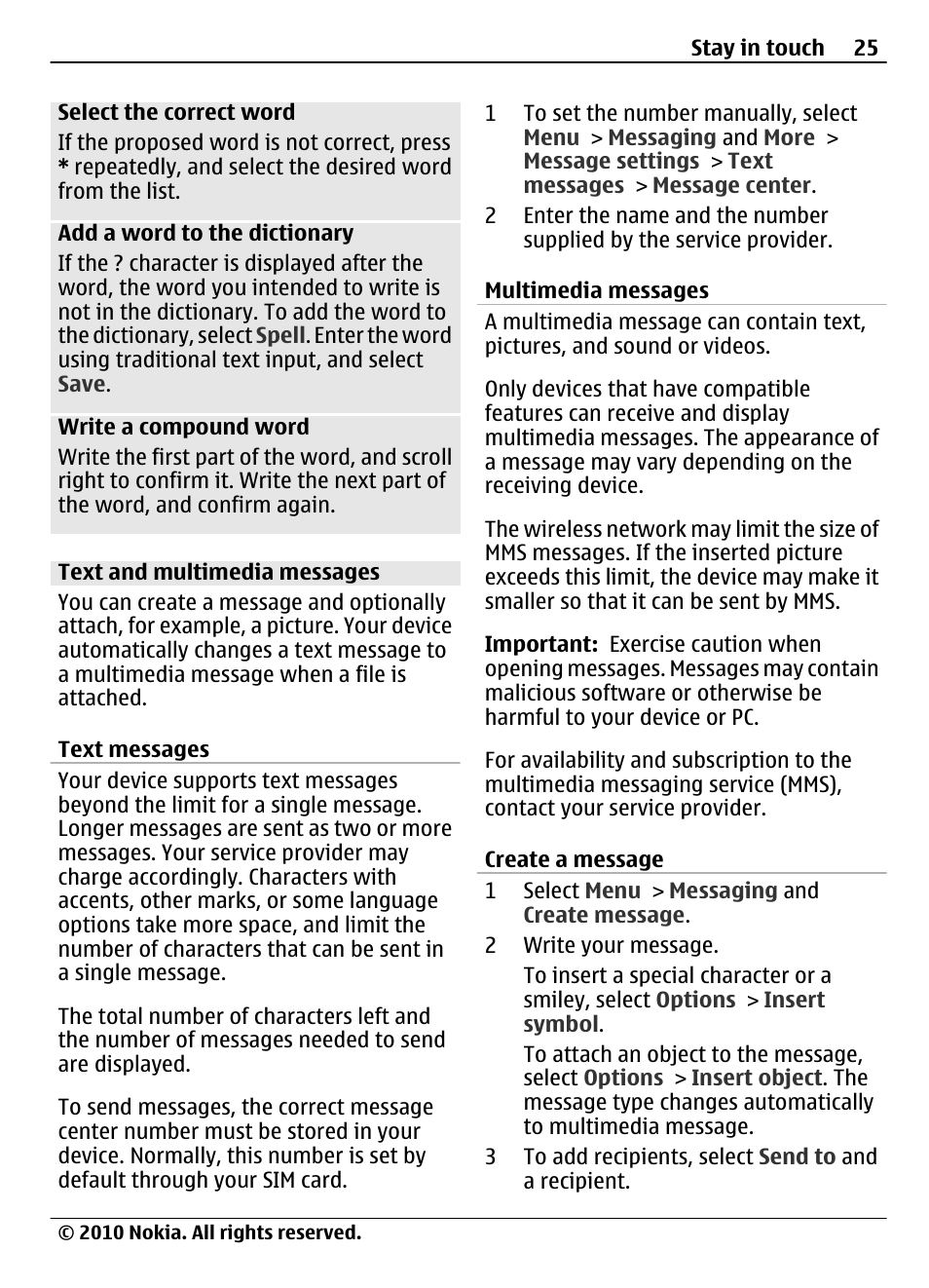Text and multimedia messages, Text messages, Multimedia messages | Create a message | Nokia 3710 Fold User Manual | Page 25 / 51