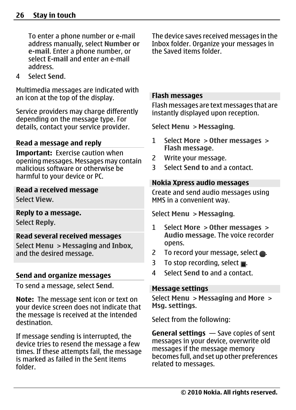 Read a message and reply, Send and organize messages, Flash messages | Nokia xpress audio messages, Message settings | Nokia 3710 Fold User Manual | Page 26 / 51