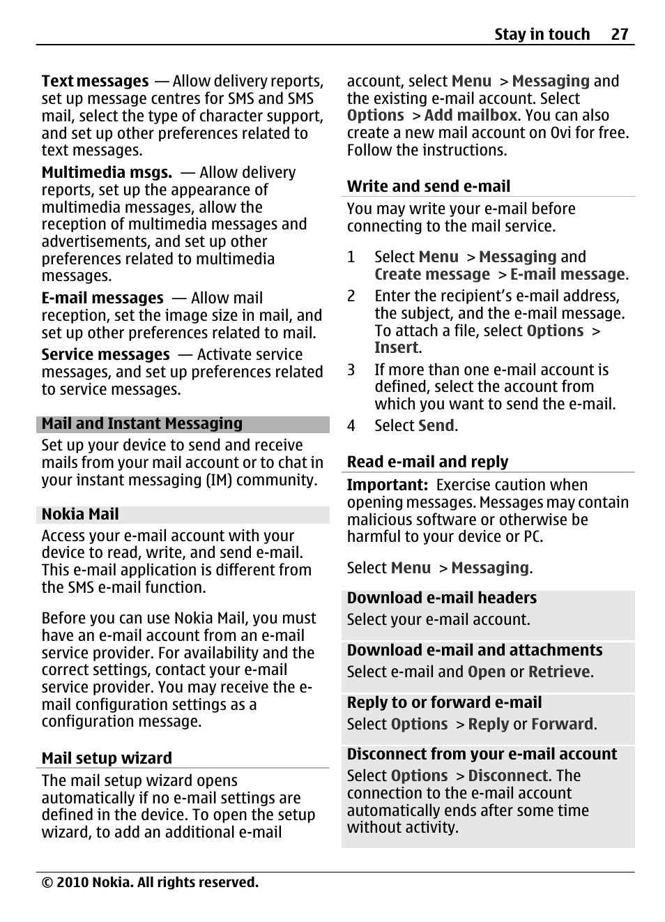 Mail and instant messaging, Nokia mail, Mail setup wizard | Write and send e-mail, Read e-mail and reply | Nokia 3710 Fold User Manual | Page 27 / 51
