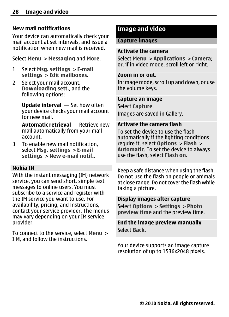 New mail notifications, Nokia im, Image and video | Capture images | Nokia 3710 Fold User Manual | Page 28 / 51