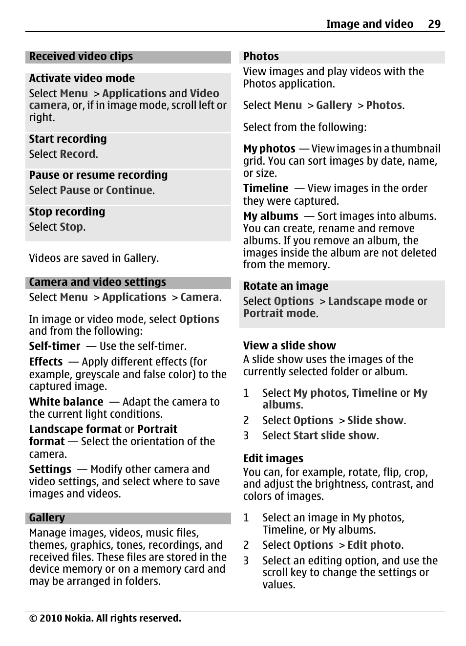 Received video clips, Camera and video settings, Gallery | Photos | Nokia 3710 Fold User Manual | Page 29 / 51