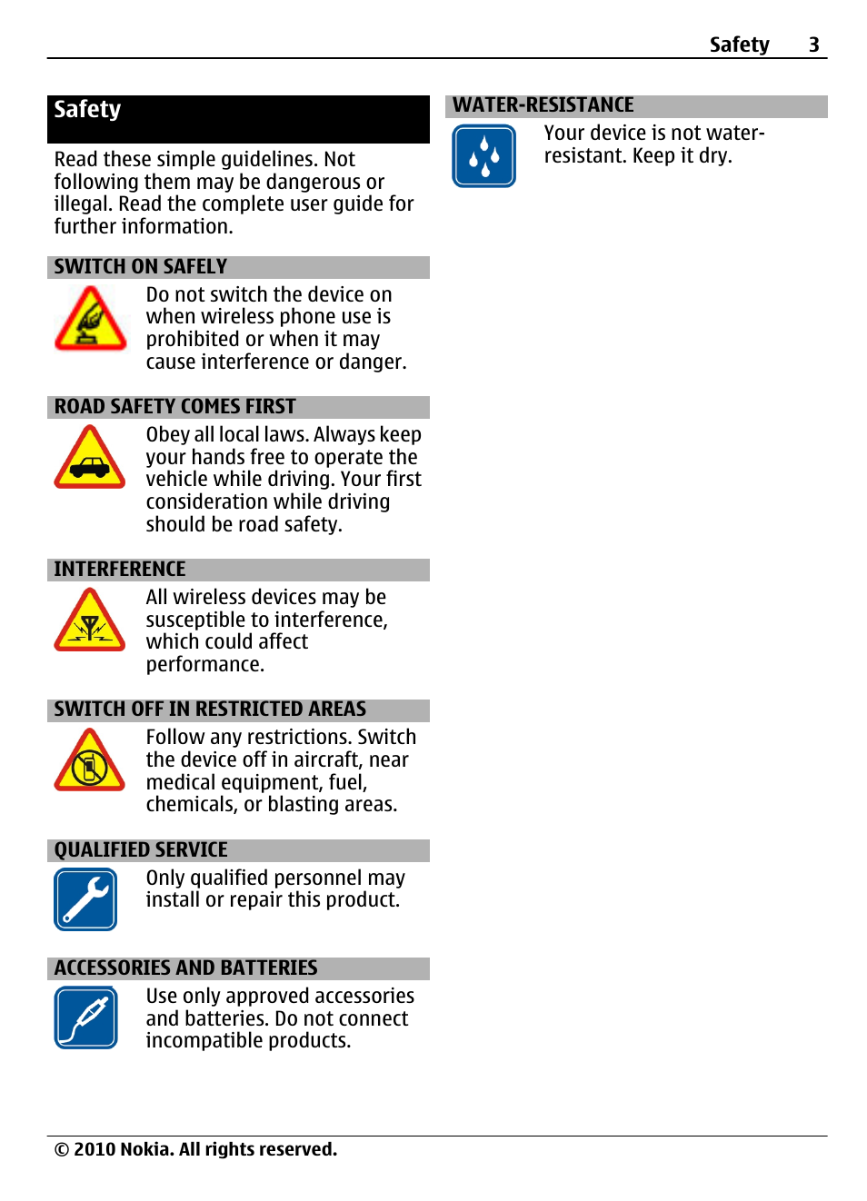 Safety, Switch on safely, Road safety comes first | Interference, Switch off in restricted areas, Qualified service, Accessories and batteries, Water-resistance | Nokia 3710 Fold User Manual | Page 3 / 51