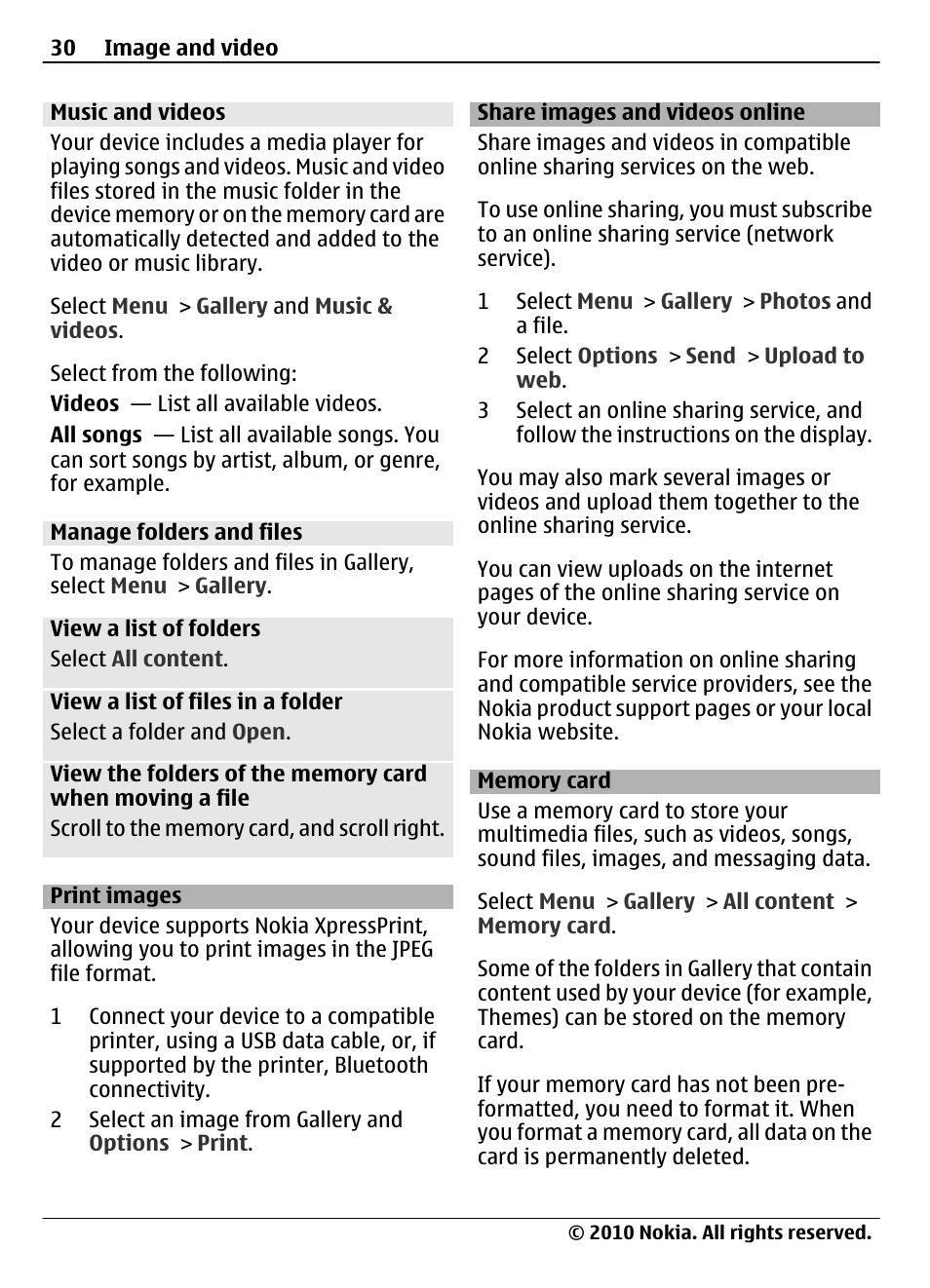 Music and videos, Manage folders and files, Print images | Share images and videos online, Memory card | Nokia 3710 Fold User Manual | Page 30 / 51