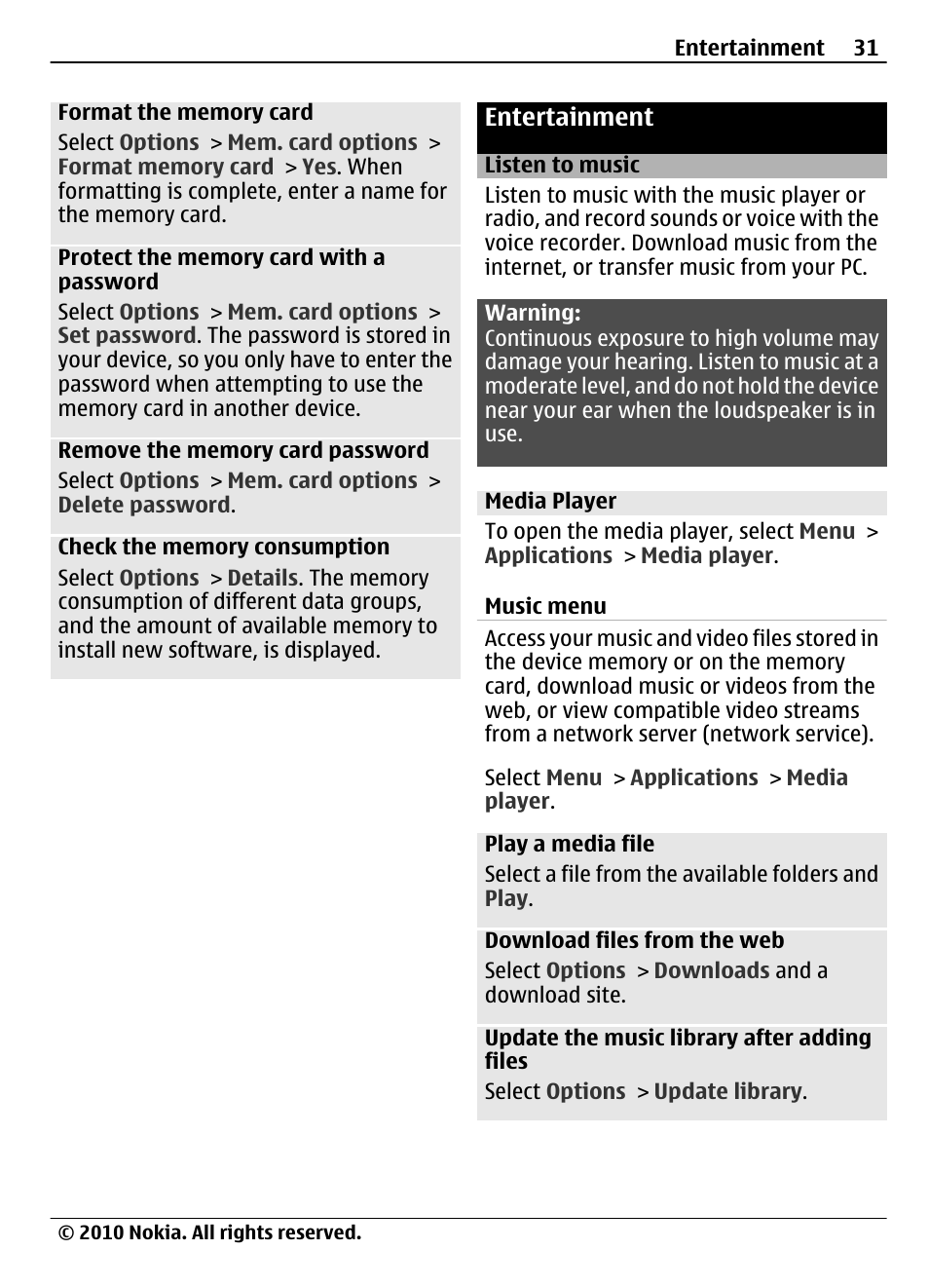 Entertainment, Listen to music, Media player | Music menu | Nokia 3710 Fold User Manual | Page 31 / 51