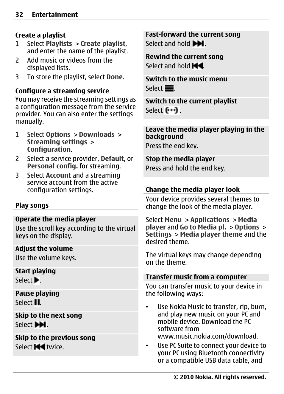 Play songs, Change the media player look, Transfer music from a computer | Nokia 3710 Fold User Manual | Page 32 / 51