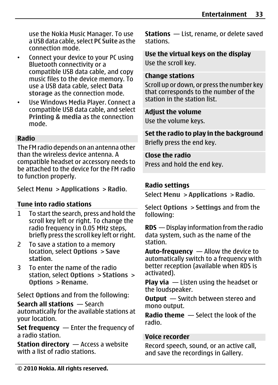 Radio, Tune into radio stations, Radio settings | Voice recorder | Nokia 3710 Fold User Manual | Page 33 / 51