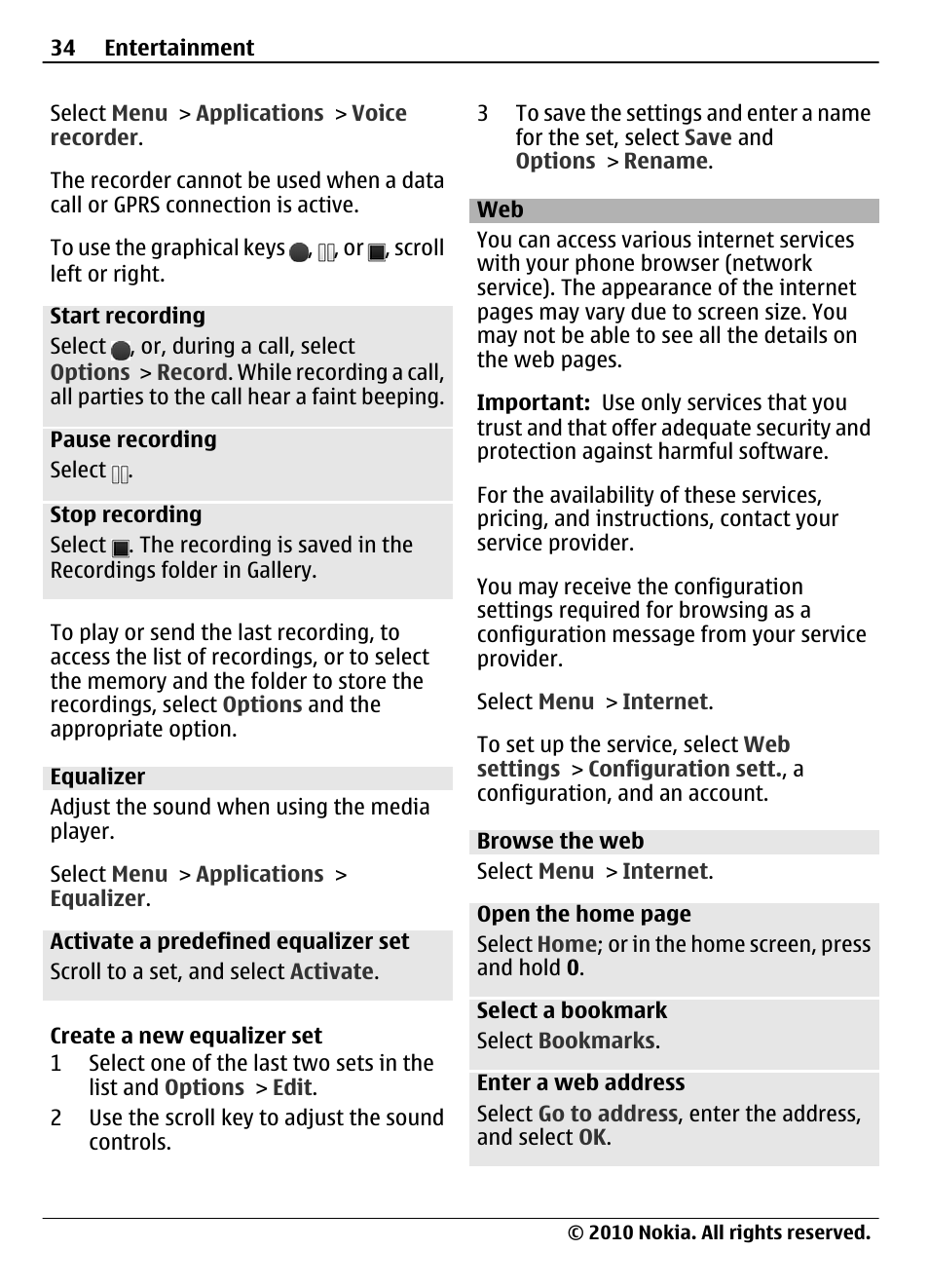 Equalizer, Browse the web, Web 34 | Nokia 3710 Fold User Manual | Page 34 / 51