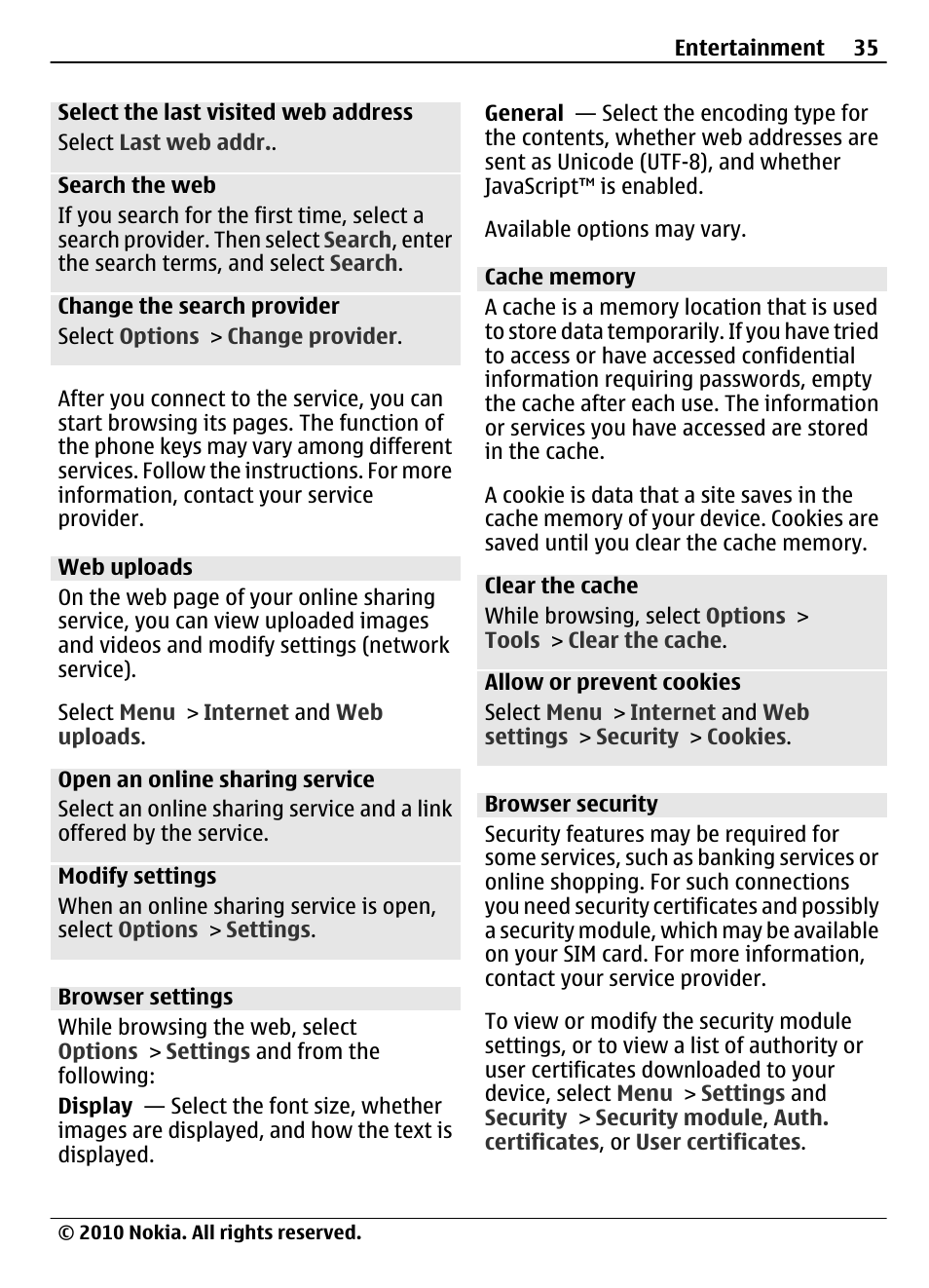 Web uploads, Browser settings, Cache memory | Browser security | Nokia 3710 Fold User Manual | Page 35 / 51
