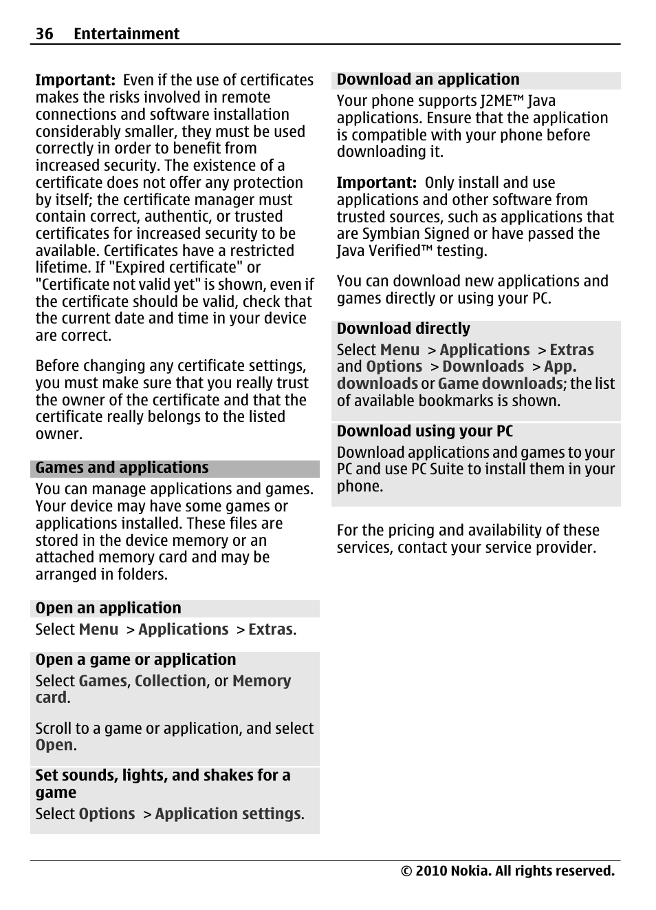 Games and applications, Open an application, Download an application | Nokia 3710 Fold User Manual | Page 36 / 51