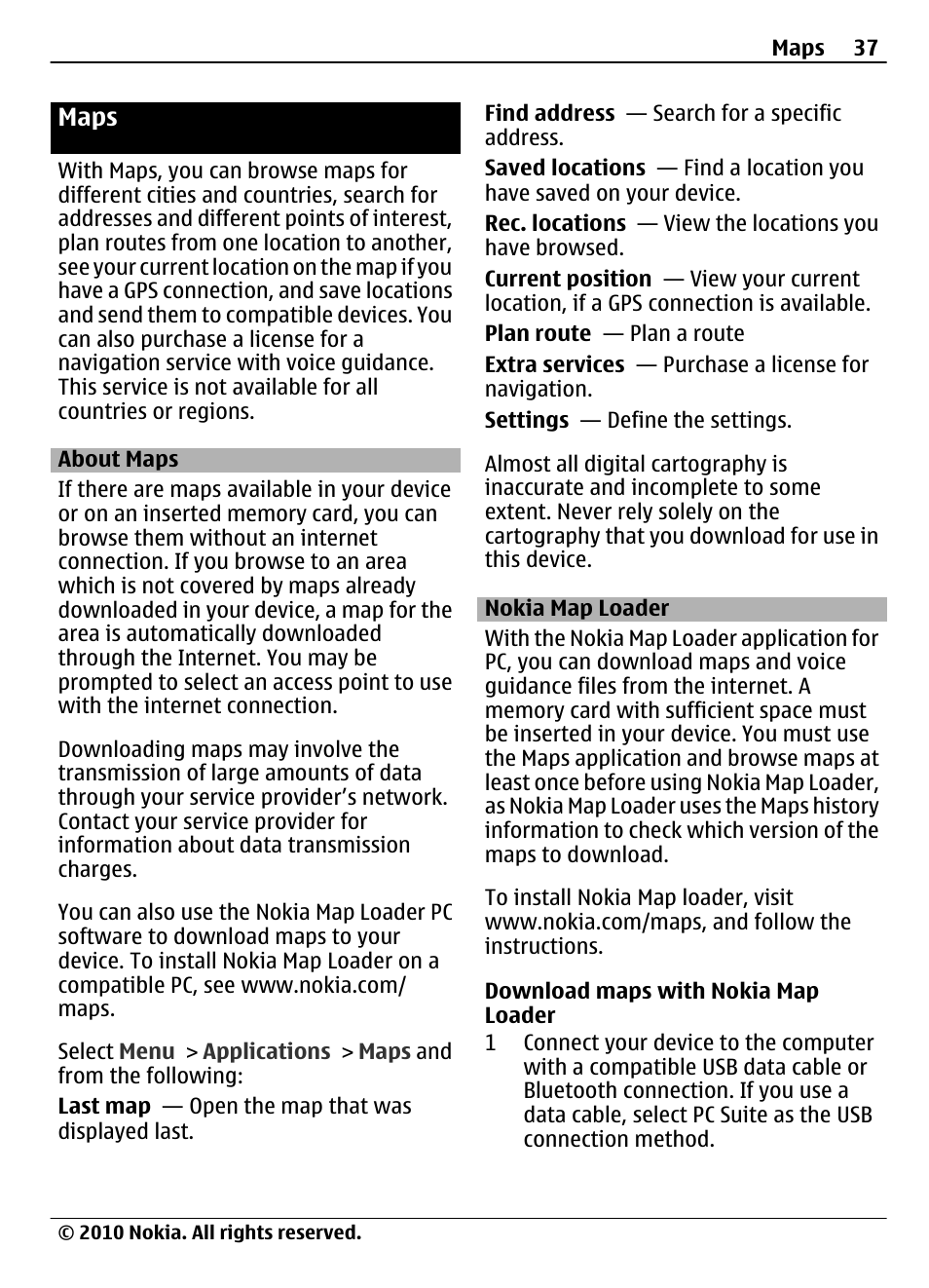 Maps, About maps, Nokia map loader | Nokia 3710 Fold User Manual | Page 37 / 51