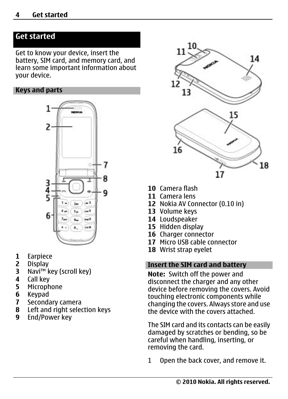 Get started, Keys and parts, Insert the sim card and battery | Nokia 3710 Fold User Manual | Page 4 / 51