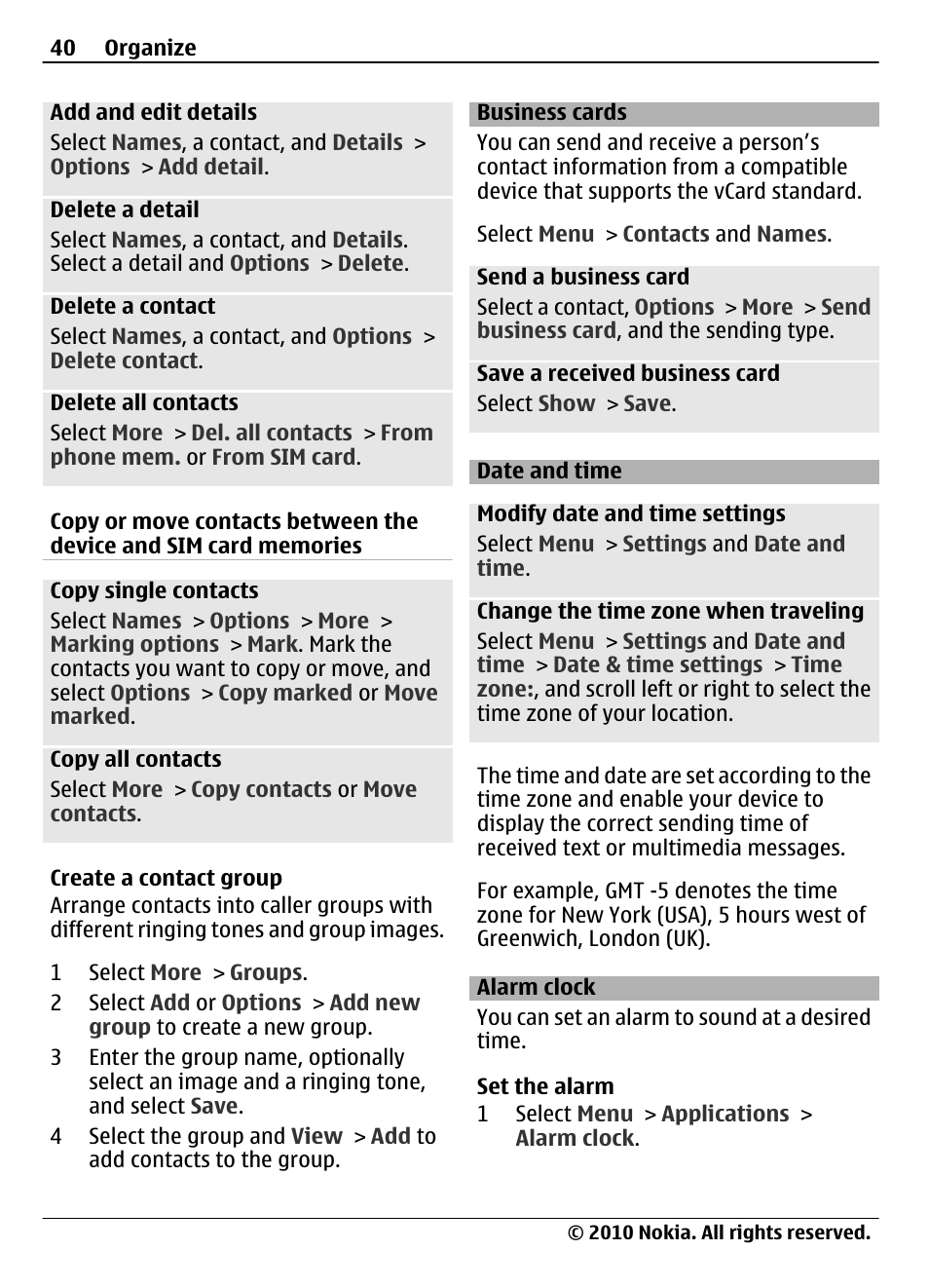 Business cards, Date and time, Alarm clock | Nokia 3710 Fold User Manual | Page 40 / 51