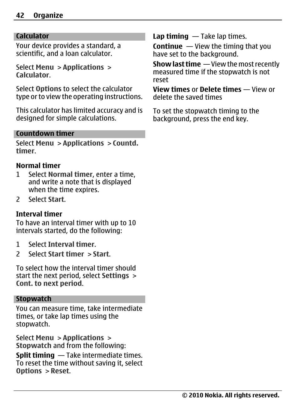Calculator, Countdown timer, Stopwatch | Nokia 3710 Fold User Manual | Page 42 / 51