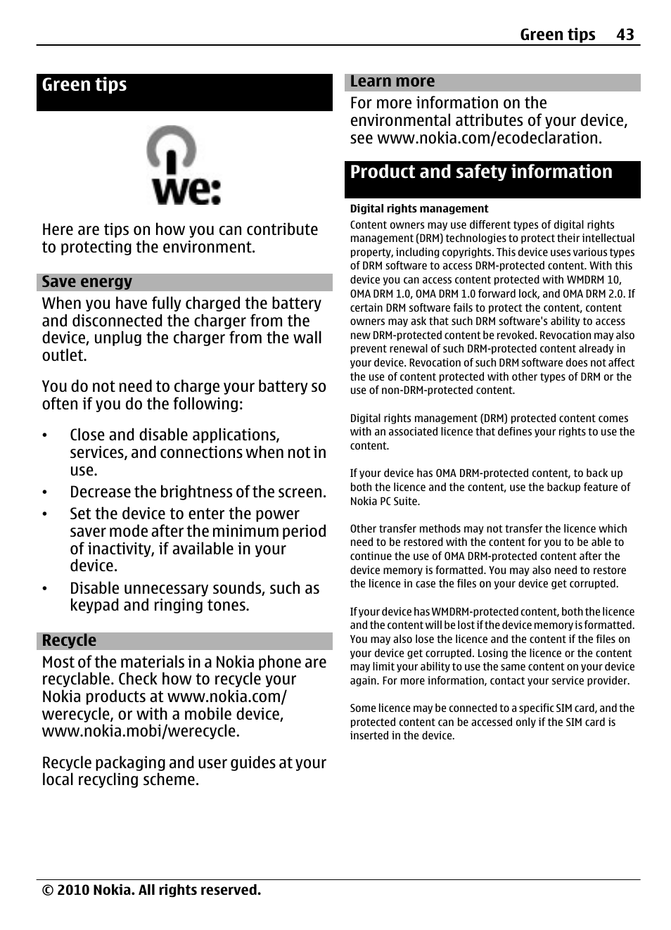 Green tips, Save energy, Recycle | Learn more, Product and safety information, Digital rights management | Nokia 3710 Fold User Manual | Page 43 / 51