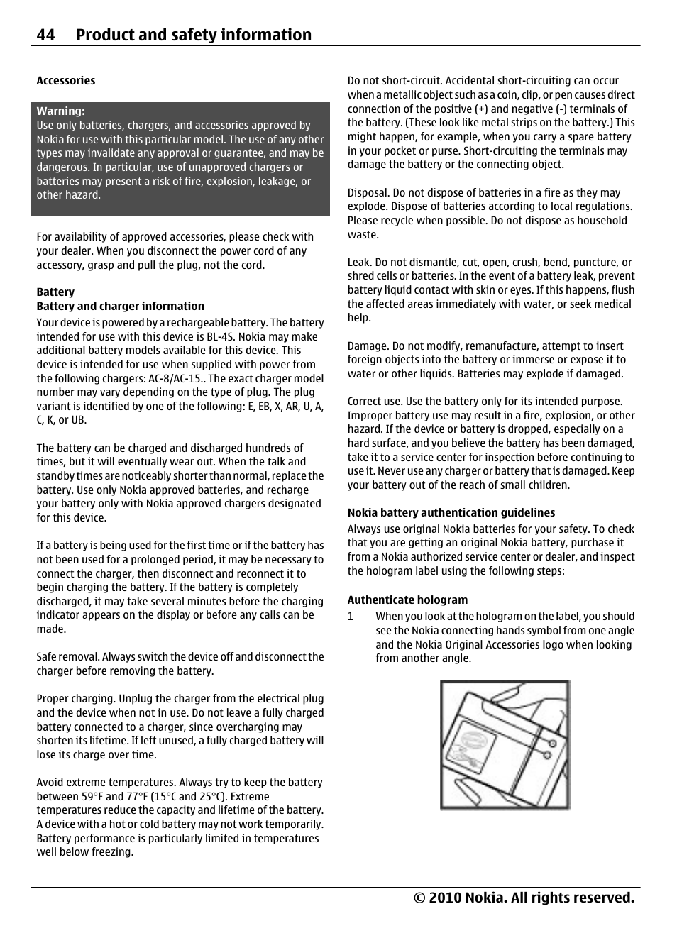 Accessories, Battery, Battery and charger information | Nokia battery authentication guidelines, Authenticate hologram, 44 product and safety information, 2010 nokia. all rights reserved | Nokia 3710 Fold User Manual | Page 44 / 51