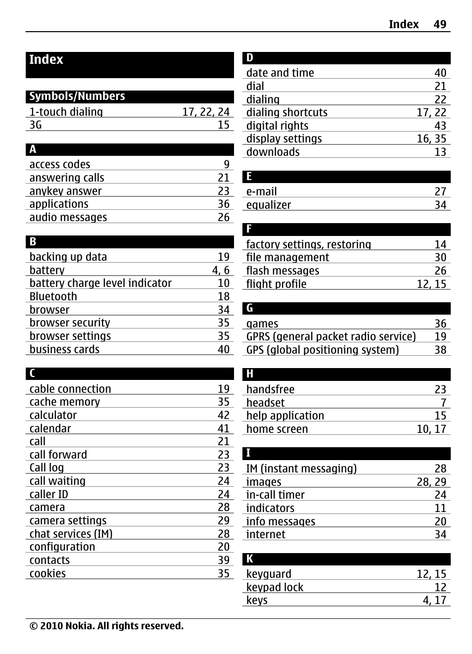 Index | Nokia 3710 Fold User Manual | Page 49 / 51