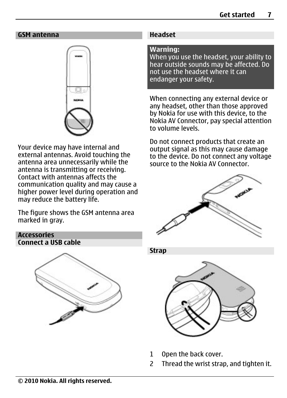 Gsm antenna, Accessories, Connect a usb cable | Headset, Strap | Nokia 3710 Fold User Manual | Page 7 / 51