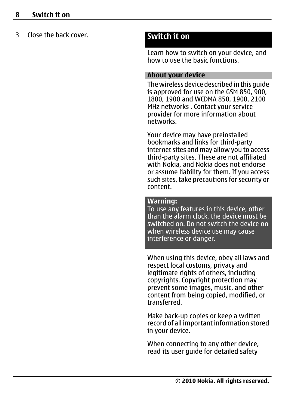 Switch it on, About your device | Nokia 3710 Fold User Manual | Page 8 / 51