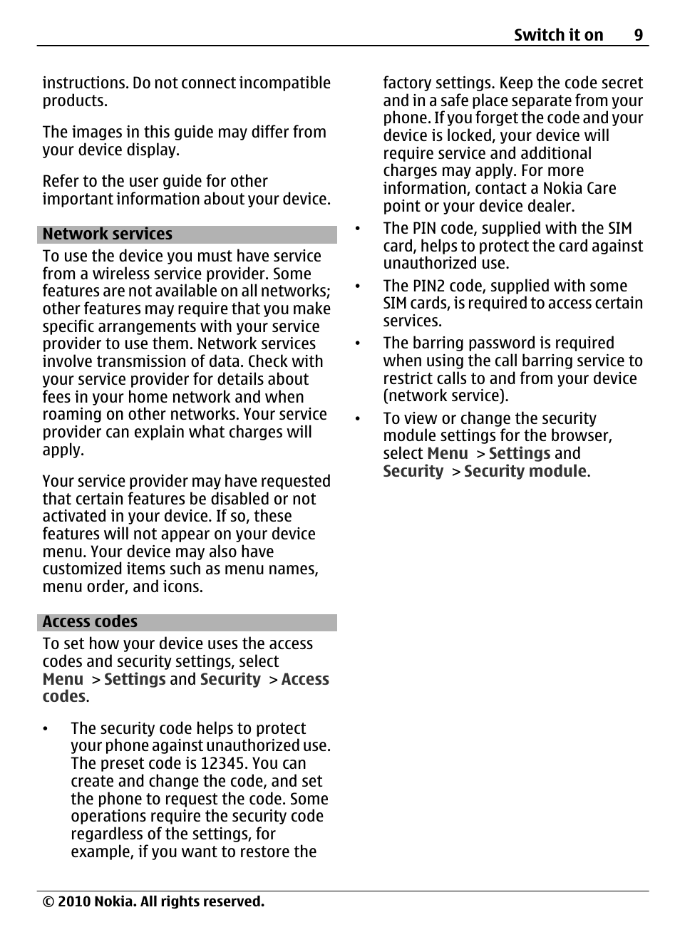 Network services, Access codes | Nokia 3710 Fold User Manual | Page 9 / 51